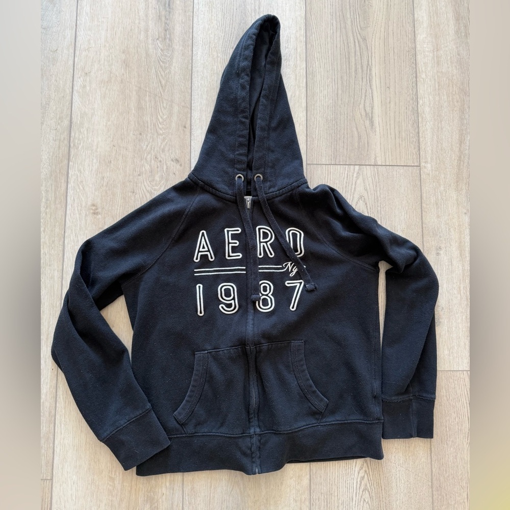 Y2K Aeropostale Aero 1987 NYC Full-Zip‎ Black Drawstring Hoodie Women Medium EUC - Picture 5 of 13